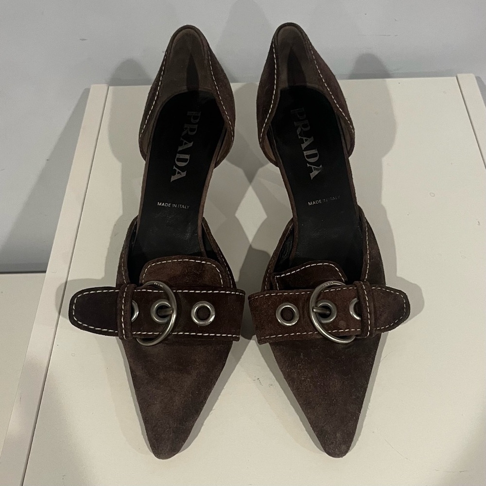 Vtg Prada Dark Brown Buckle Kitten Heels 37 Suede Y2K - Picture 8 of 8